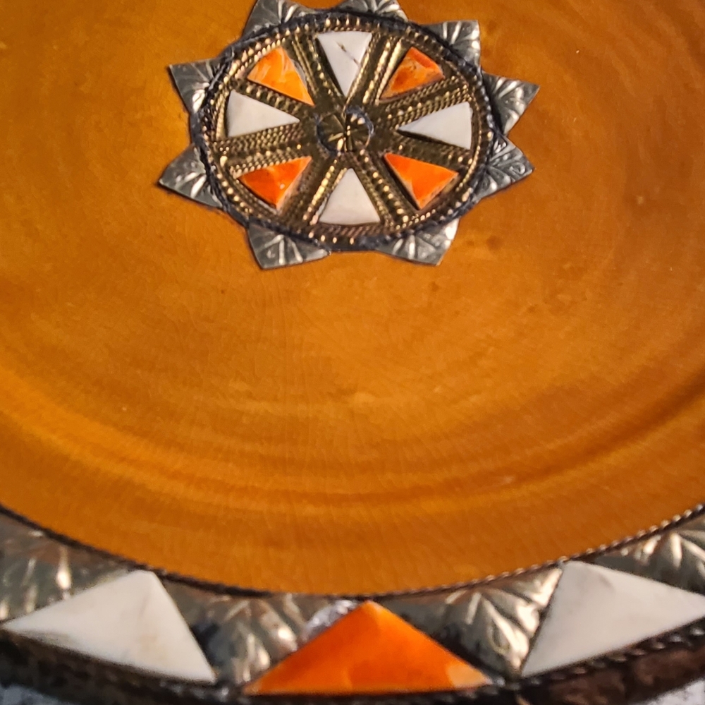 Large Bowl with Inlaid Camel Bone Metal Ceramic Bowl Morocco 13" Diameter Orange - Picture 2 of 8